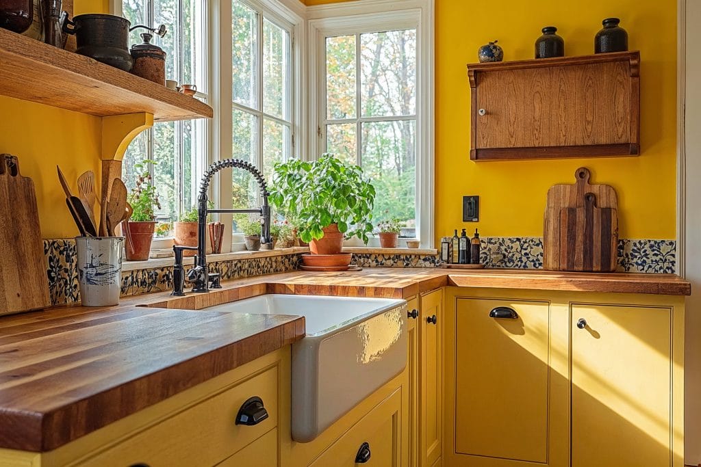 Plants liven up a modern sunny yellow kitchen by Decorilla