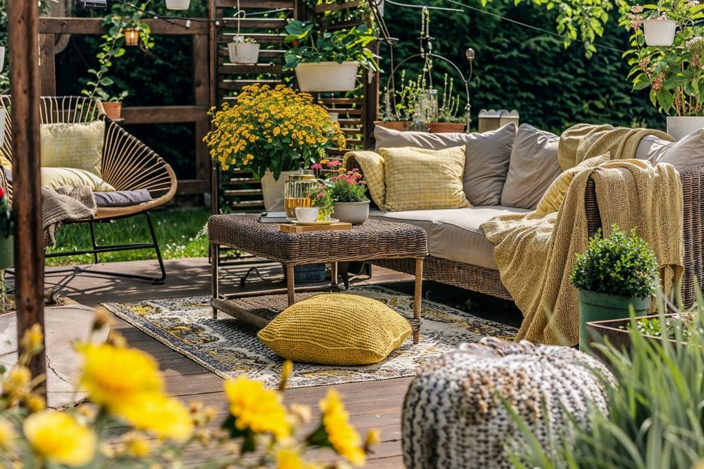 Small patio decor ideas with layered textiles, by Decorilla