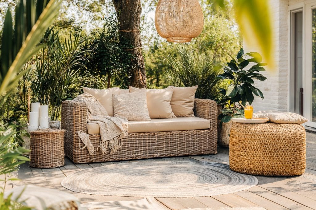 Wicker ottomans serving multiple purposes in small patio ideas by Decorilla