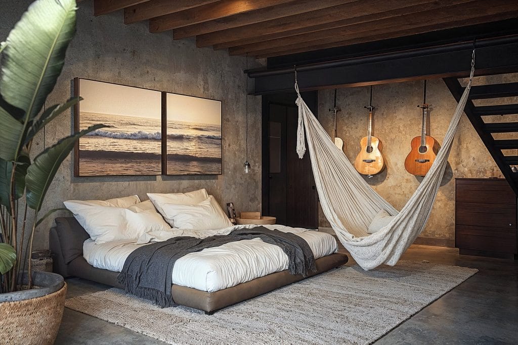 Industrial design elements in a bedroom by Decorilla