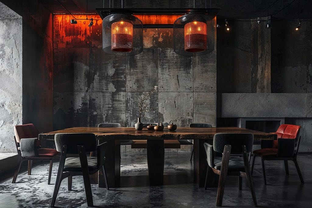 Lighting as a decorative design element in an industrial dining room by Decorilla