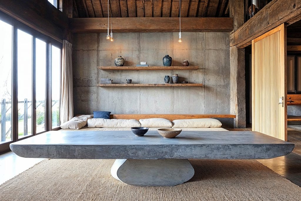 Organic Japandi meets industrial design elements in a living room by Decorilla