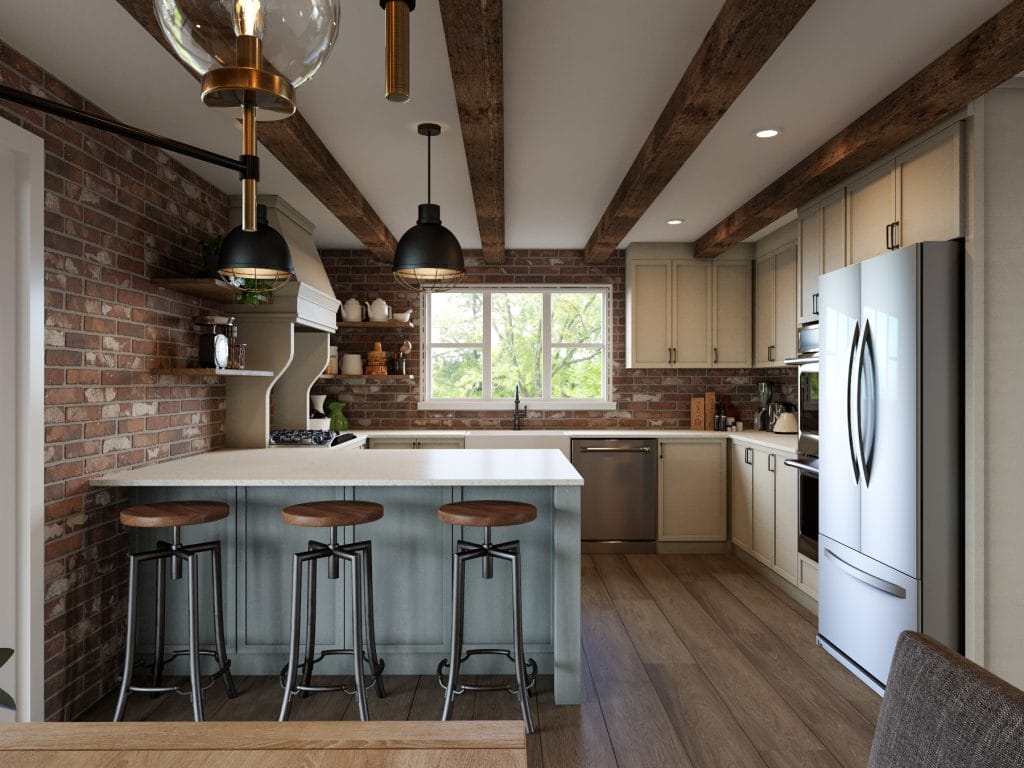 Small contemporary kitchen featuring industrial elements and open shelving by Decorilla