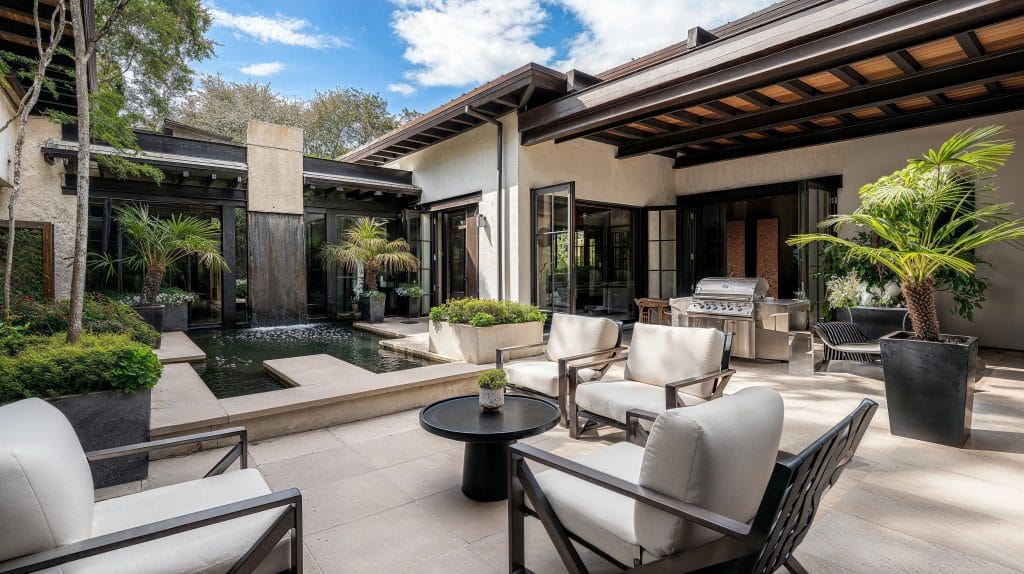 Patio design with a contemporary fountain that increases curb appeal, by Decorilla