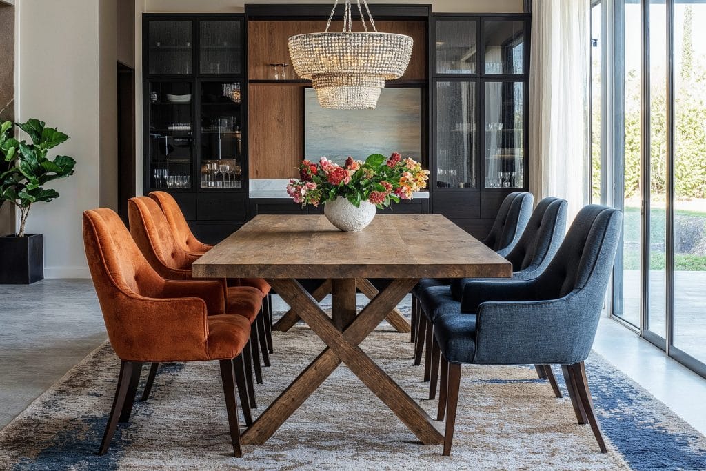 A couple of blue dining chairs in a dining room by Decorilla