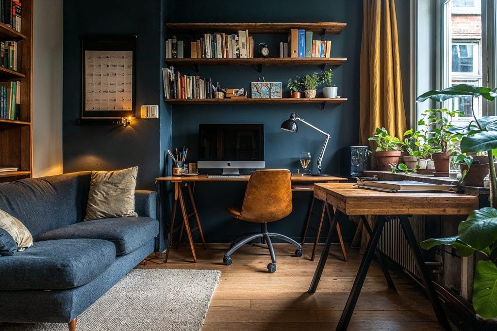 Blue accent wall and decor in a study by Decorilla