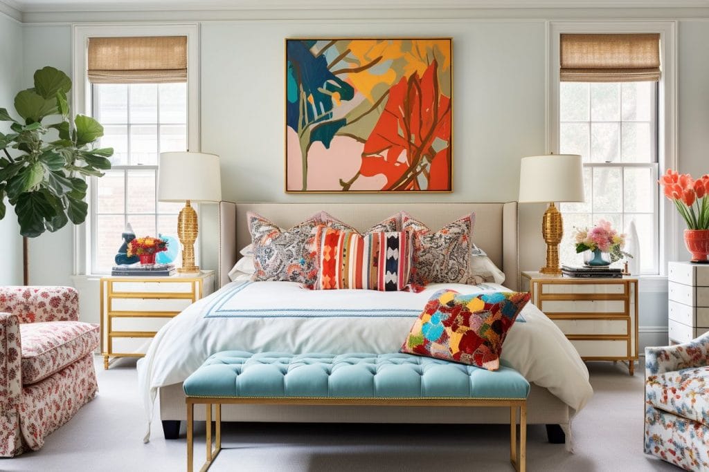 Blue bench accentuates the vibrant bedroom by Decorilla