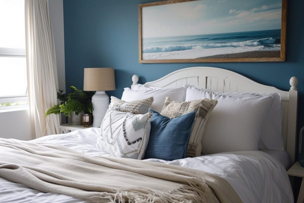 Blue home decor and a feature wall in a bedroom by Decorilla