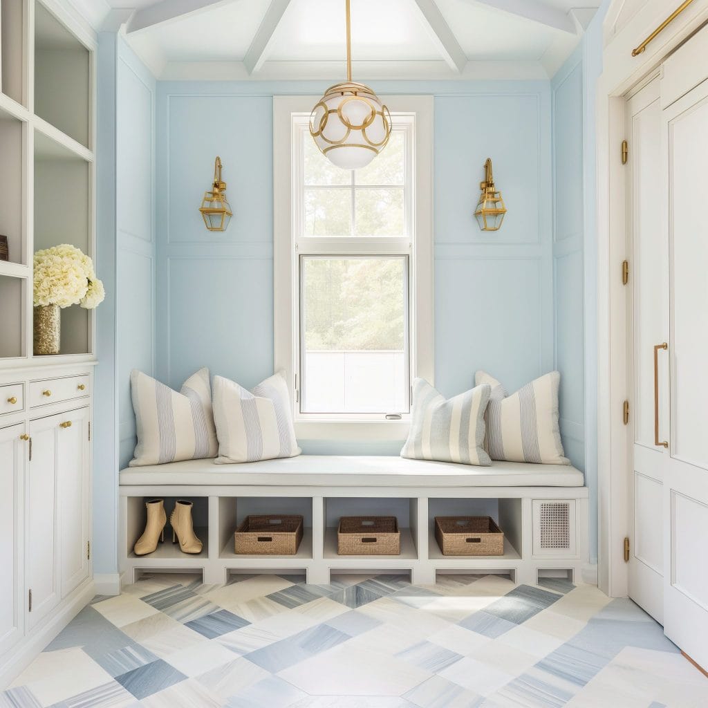 Blue home decor and accent flooring in a mudroom by Decorilla