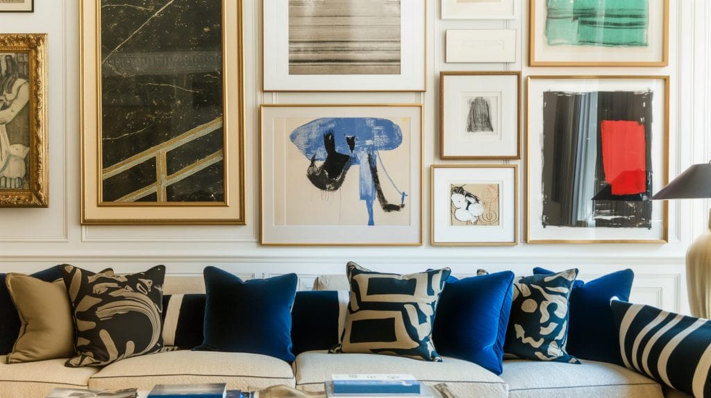 Blue home decor and art layered in an eclectic interior by Decorilla