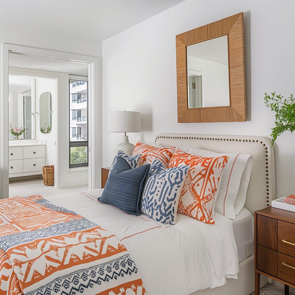 Decorate with blue and orange patterned sheets, like in a bedroom by Decorilla