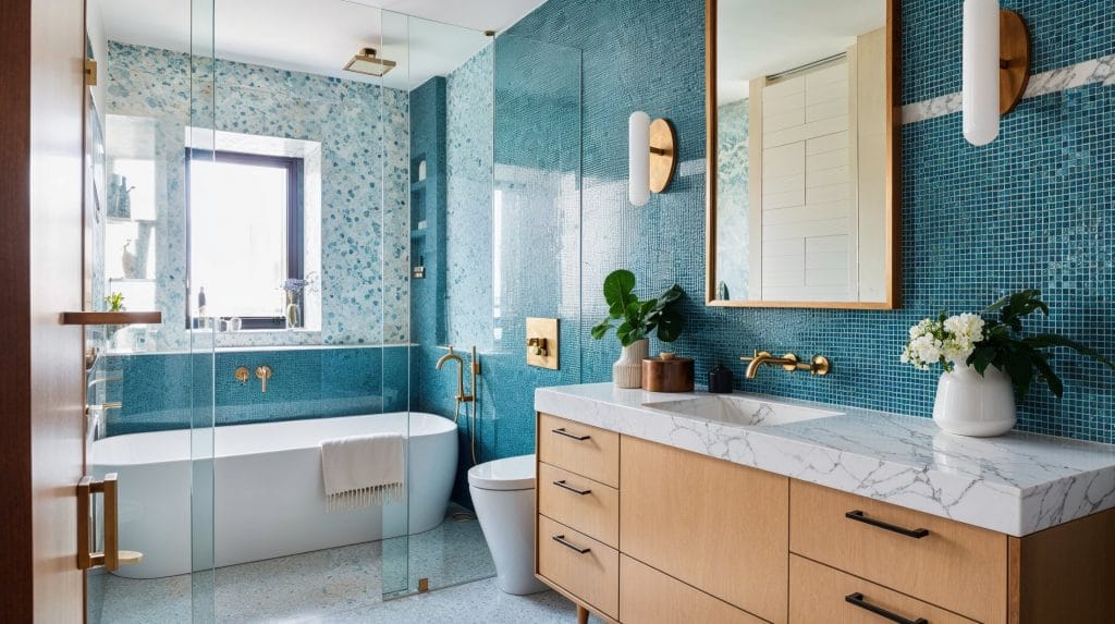 Layered blue tile patterns in a bathroom by Decorilla