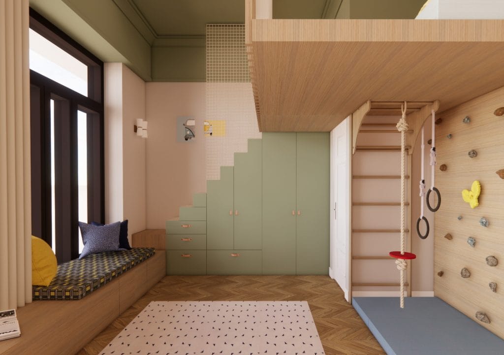 Play area in a shared kids' room for siblings by Decorilla designer, Christina N.