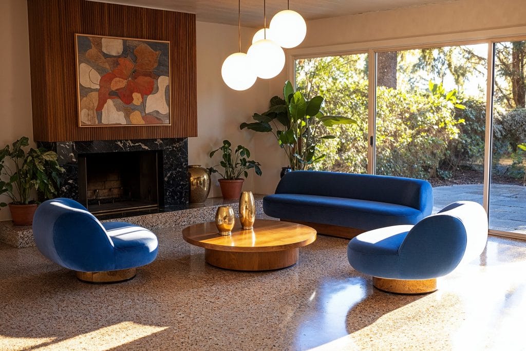 Plush blue furniture standing out against terrazzo in a living room by Decorilla