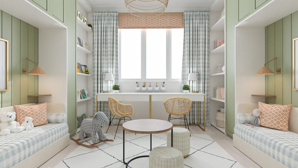 Shared bedroom ideas with smart storage by Decorilla designer, Marya W.