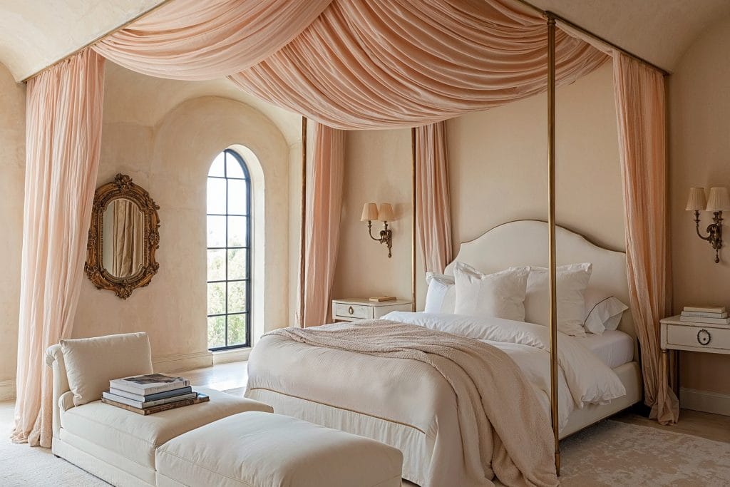 Monochromatic bedroom with a showstopping canopy, by Decorilla