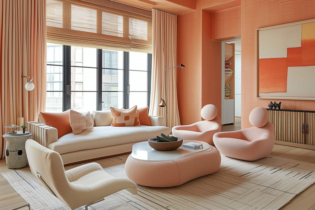 Refined and balanced pink monochromatic living room by Decorilla