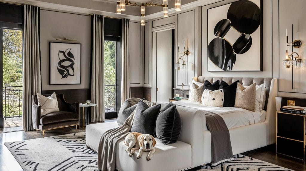 Sleek accents shape this monochromatic bedroom by Decorilla