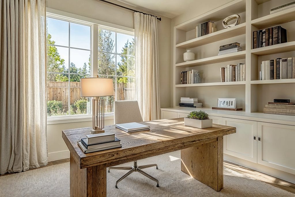 Soft beige hues in a monochromatic home office by Decorilla