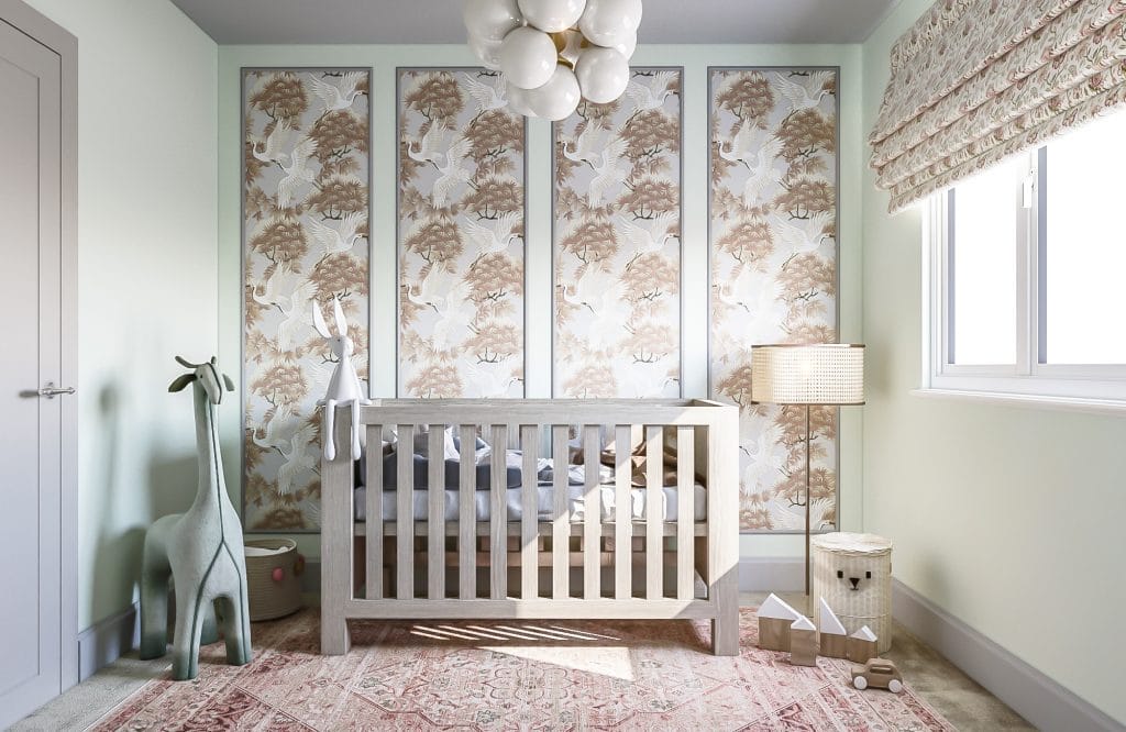 Artistic designer wallpaper accents in a nursery by Decorilla designer, Raneem K.