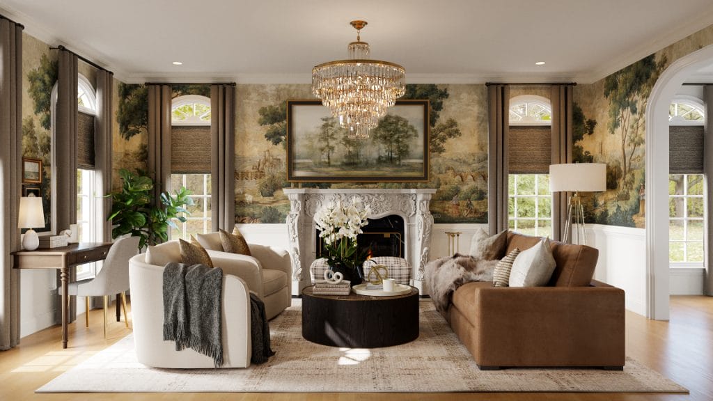 Bold, whimsical, transitional living room by Decorilla designer, Rachel H.