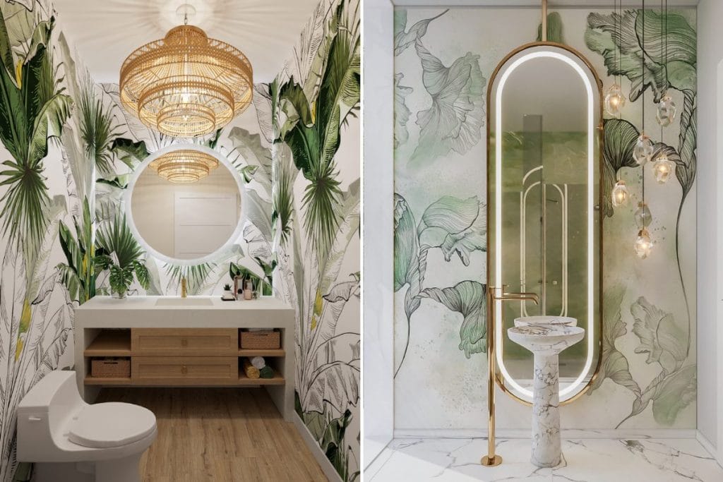 Botanical designer wallpaper defining bathrooms by Decorilla designers, Betsy M. and Raneem K.