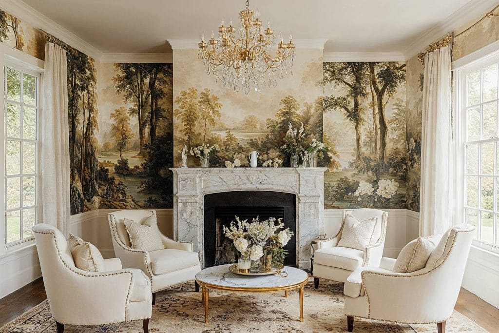 Designer wallpaper in a traditional living room by Decorilla