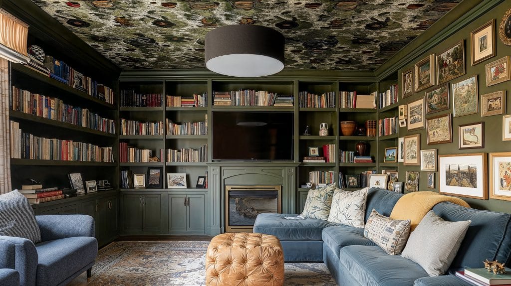 Designer wallpaper on a ceiling of a family room by Decorilla