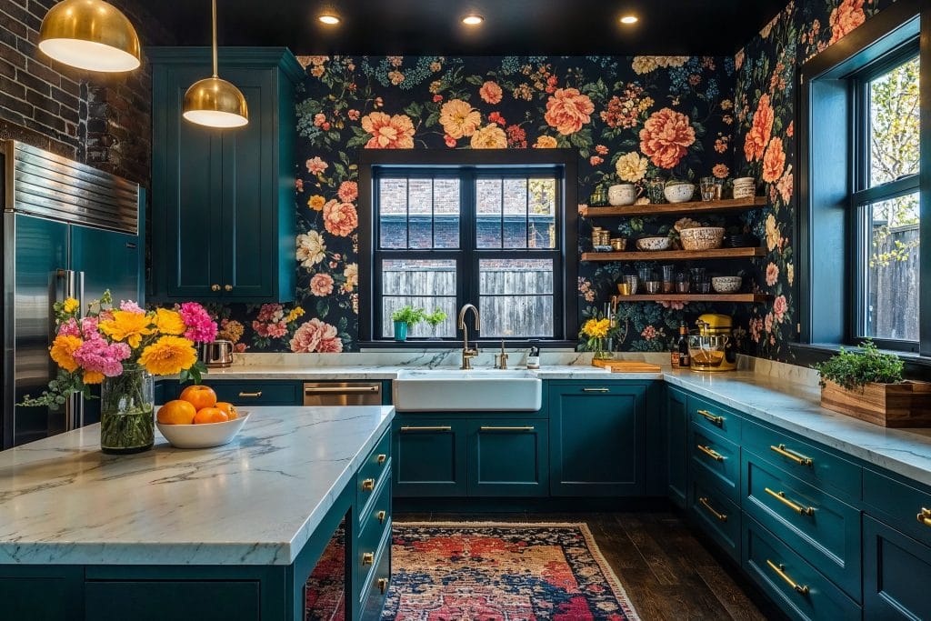 Dramatic floral wallpaper in a kitchen by Decorilla