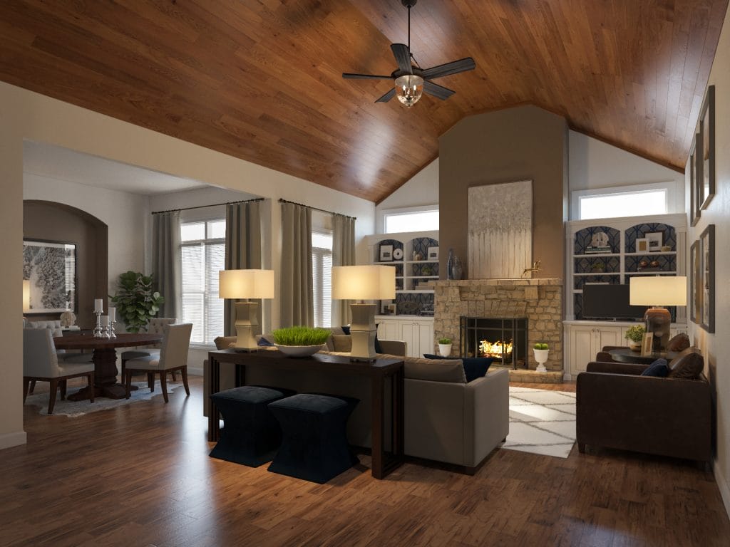 Earthy transitional living room by Decorilla interior designer, Rachel H.