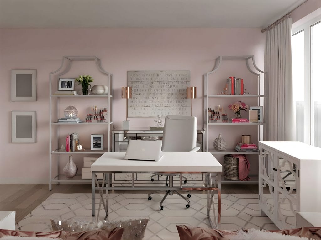 Feminine home office by Decorilla interior designer, Rachel H.