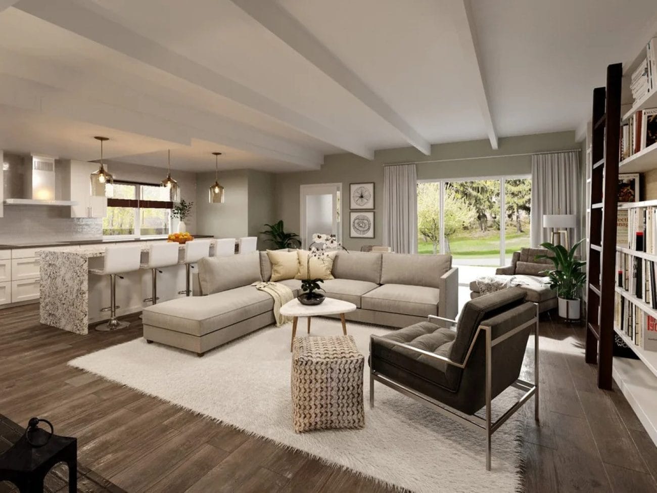 White kitchen in an open-concept space by Decorilla designer, Rachel H.