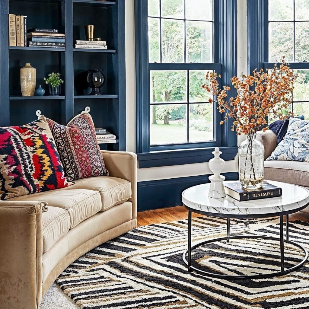 Layered rug living room with geometric pattern over neutral base, by Decorilla