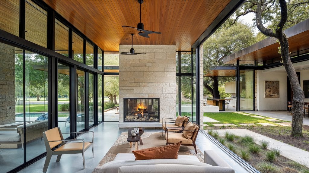 An outdoor fireplace as a part of the backyard lighting trends in a patio by Decorilla