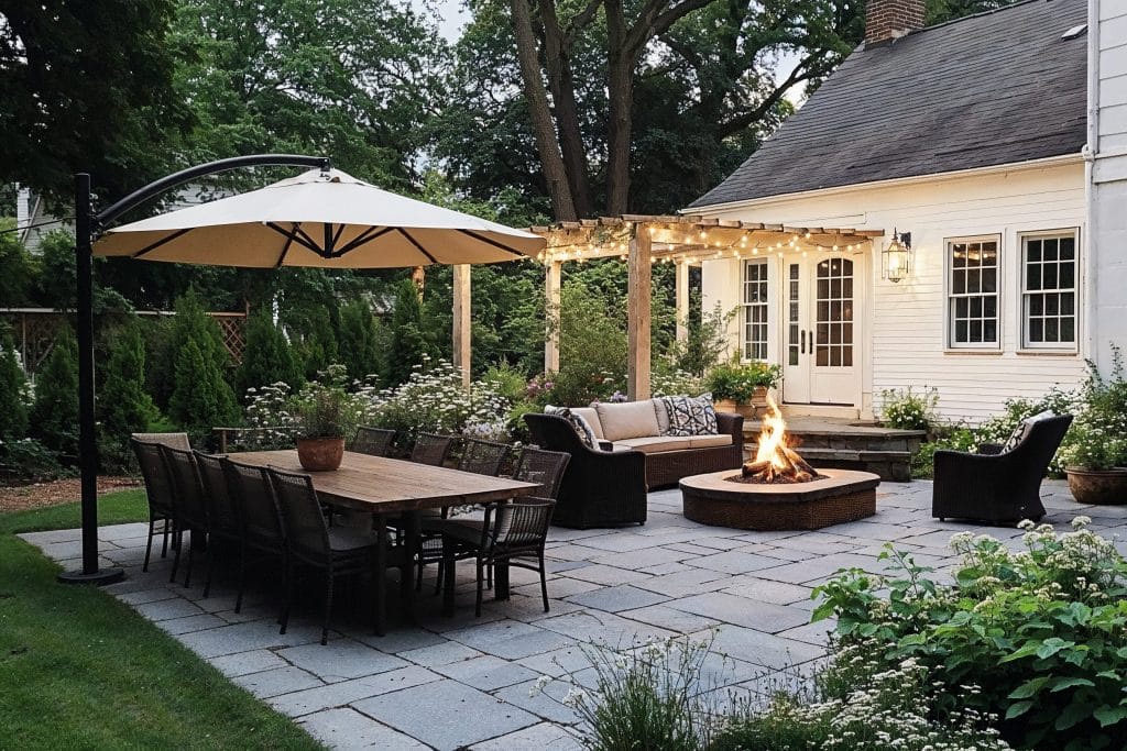 String lights and a real fire pit as a part of backyard lighting trends in design by Decorilla