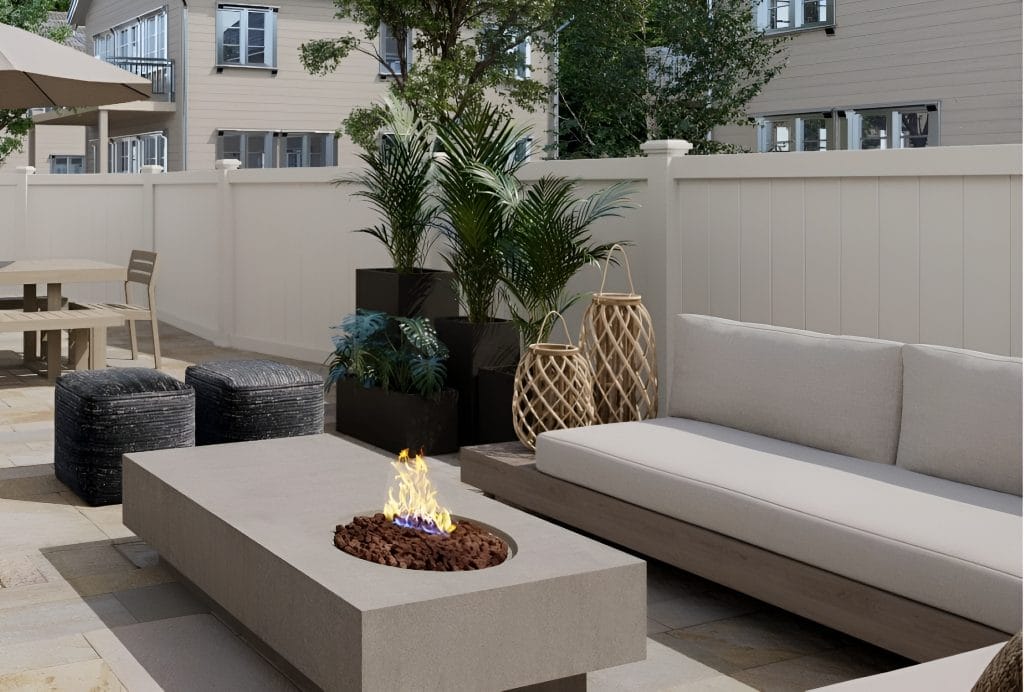 An outdoor seating area with a built-in bench, by Decorilla designer Rajna S_jpg