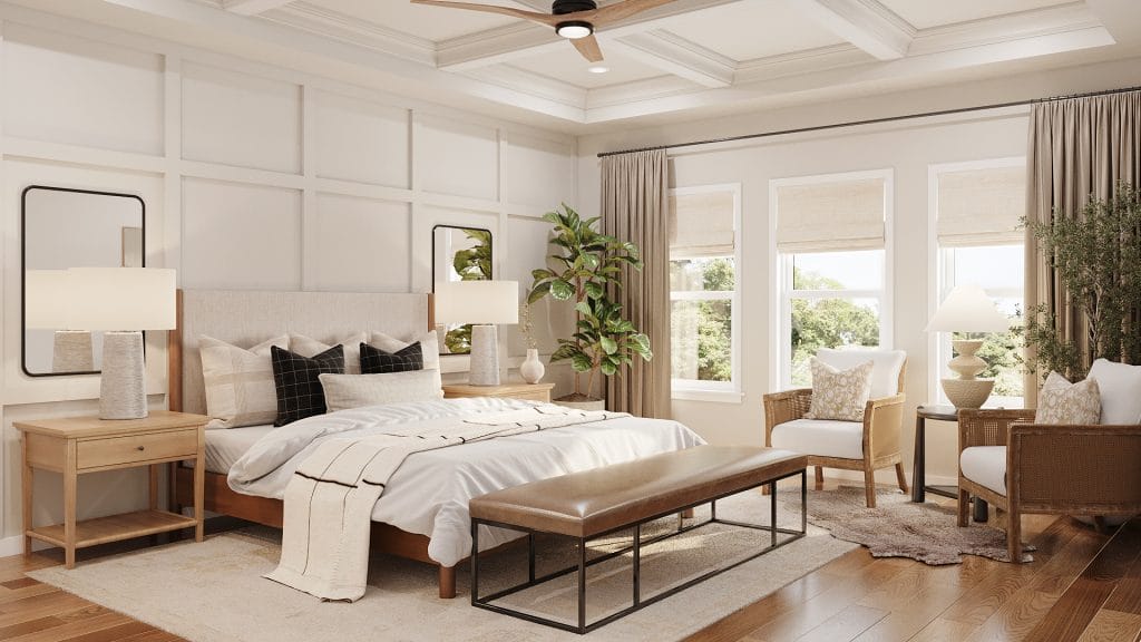 Bedroom by Decorilla designer Casey H., resembling Joanna Gaines style