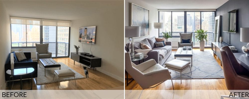 Modern bachelor pad before (left) and after (right) design by Decorilla