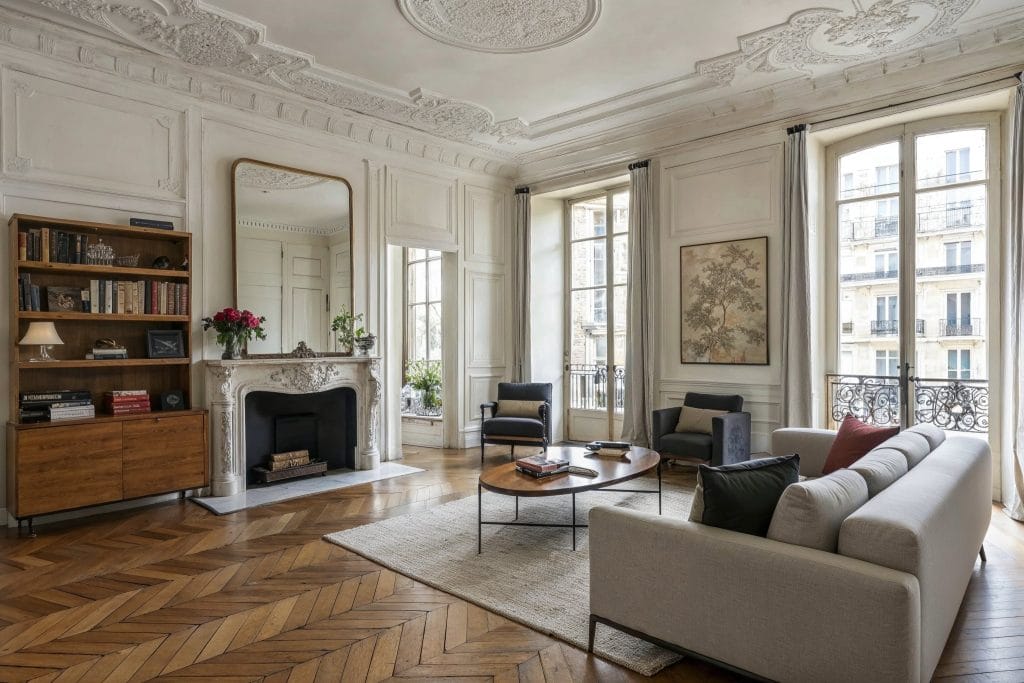 Statement mirror over a mantel in a transitional living room by Decorilla