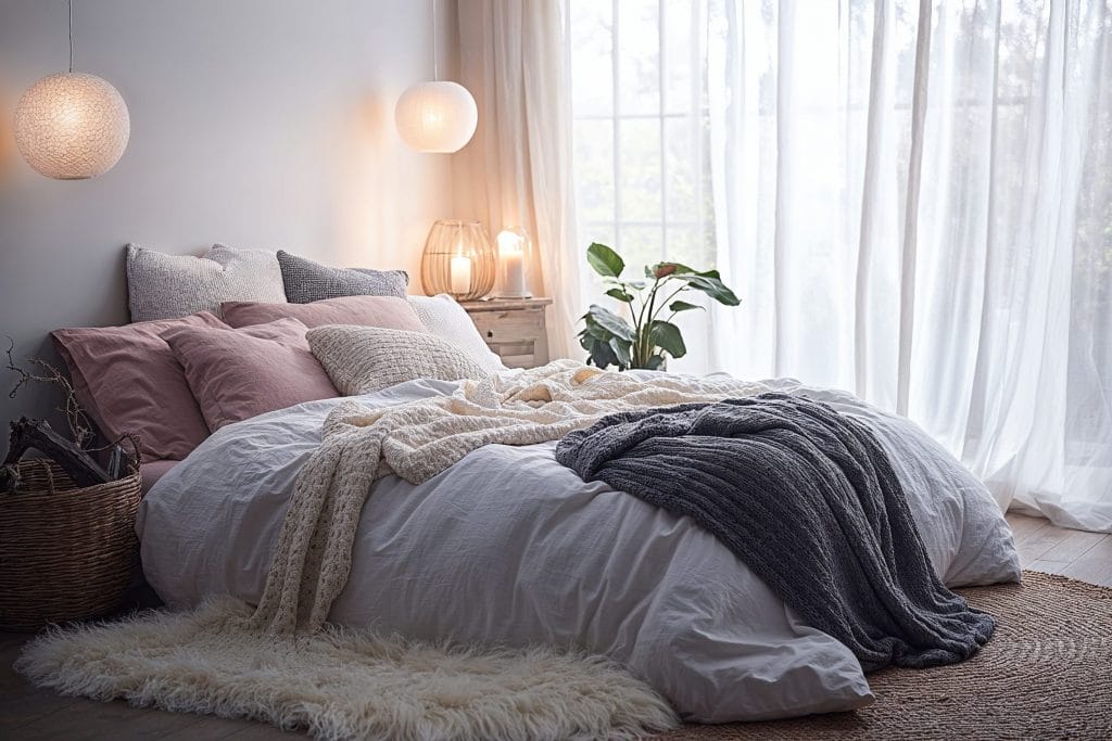 Abundant texture and accessories in a hygge bedroom decor by Decorilla