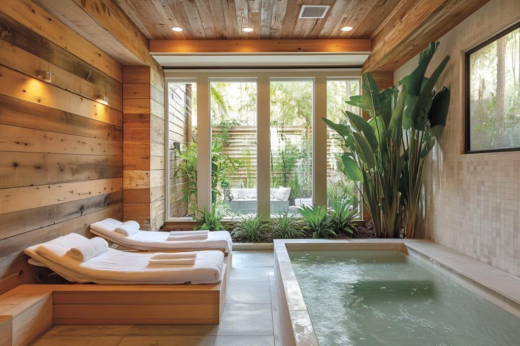 Bamboo ceiling decoration in a spa bathroom by Decorilla