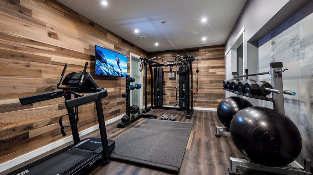 Glossy stretch ceiling in a home gym by Decorilla