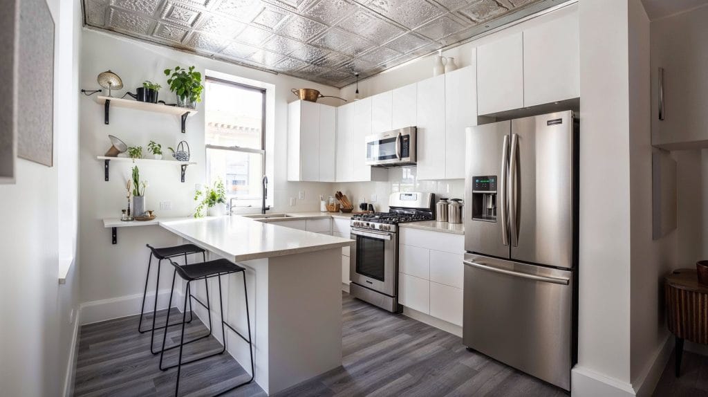 Silver decorative ceiling panels in a kitchen interior by Decorilla