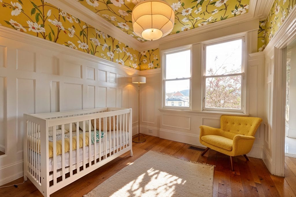 Wallpaper ceiling adding whimsy to a nursery design by Decorilla