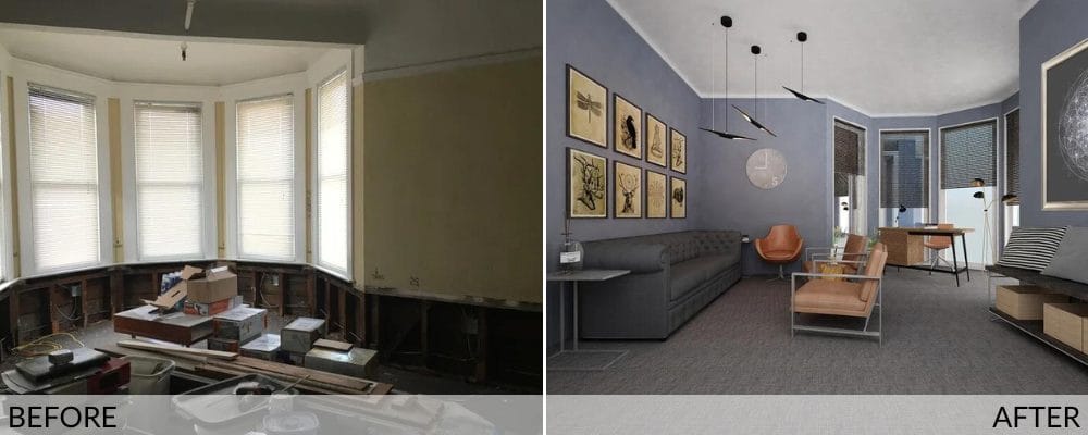 Modern therapist office interior before and after design by Decorilla