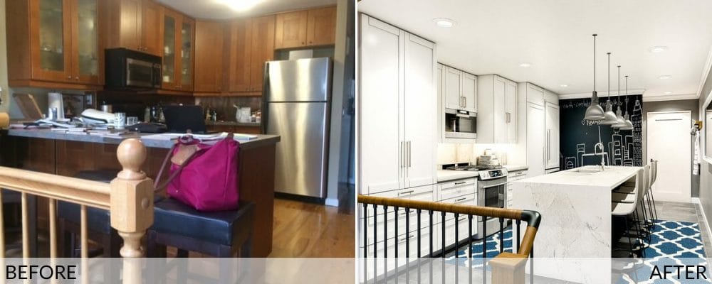 Before (left) and after (right) online kitchen design by Decorilla