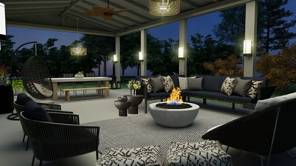 Contemporary and classic online patio design with a dining area and lounge with fireplace by Liana S