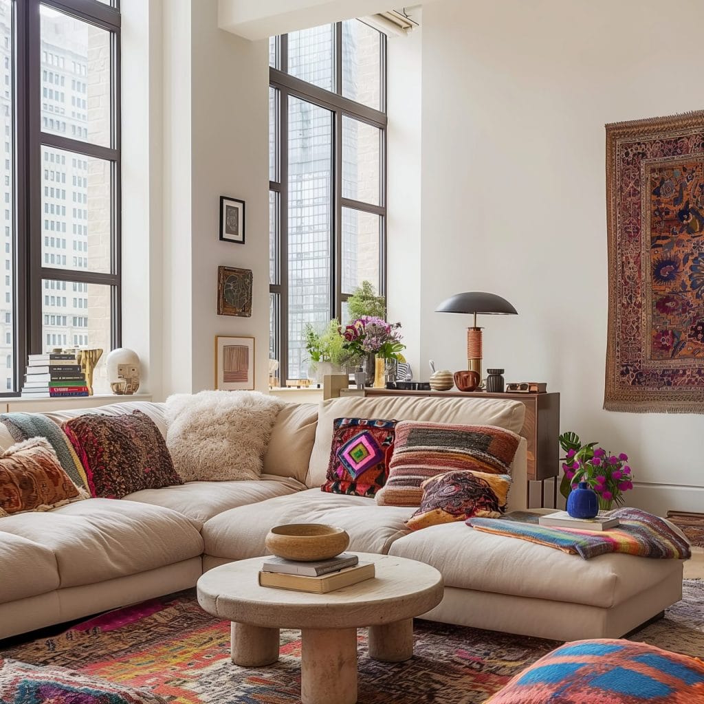 Vibrant eclectic NYC loft living room interior design by Decorilla