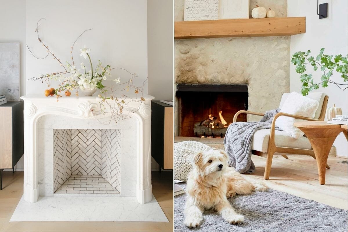 Minimal thanksgiving decorating ideas for a white mantelpiece and a natural and wood stone mantelpiece