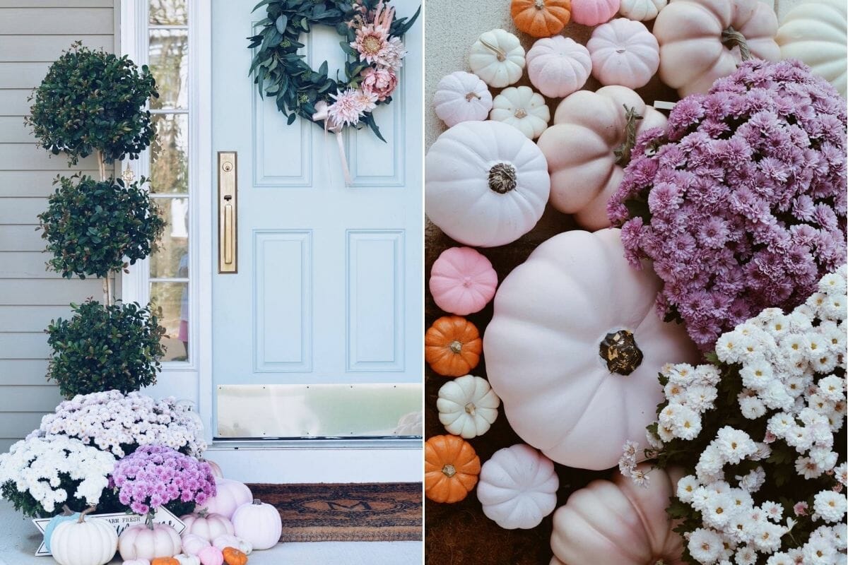 Pink pumpkins and Thanksgiving door decor